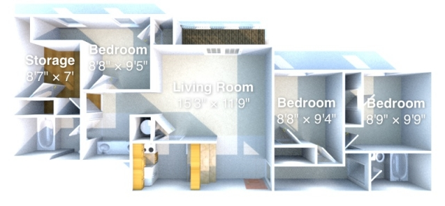 318 N. Salisbury 3 Bedroom Alternate Floor Plan Example Illustration